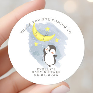 Sticker Rond Remerciement Baby Shower Aquarelle Lune Manchot