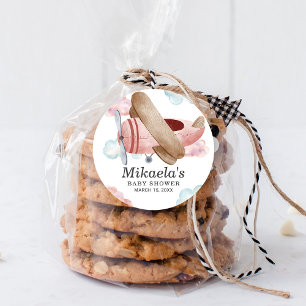 Sticker Rond Remerciement Baby Shower Avion Vintage Rose