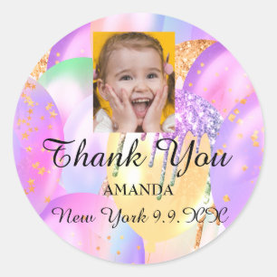 Sticker Rond Remerciement Baby Shower Douzième Ballon Photo 