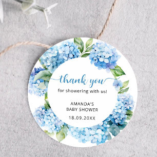 Sticker Rond Remerciement Baby Shower Hydrangea Bleue Bébé