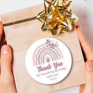 Sticker Rond Remerciement de Baby Shower Bohème Rose Fleur Arc-