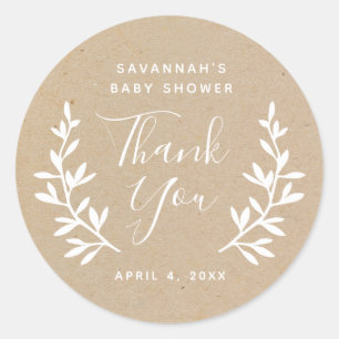 Sticker Rond Remerciement de baby shower Kraft laurier rustique