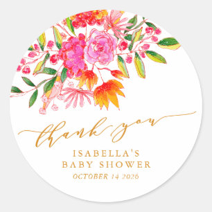 Sticker Rond Remerciement de Baby Shower personnalisé floral or