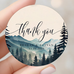 Sticker Rond Remerciement de mariage Montagne Pin à l'aquarelle
