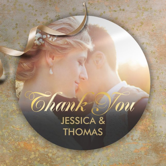 Sticker Rond Remerciement de script or photo personnalisé (Personalized Photo Gold Script Thank You Classic Round Sticker)