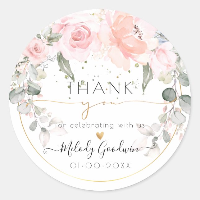 Sticker Rond Remerciement élégant aux roses roses aquarelles (Devant)
