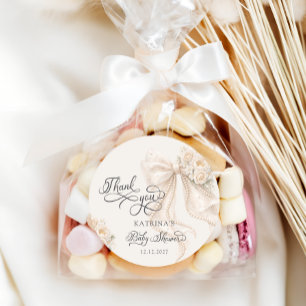 Sticker Rond Remerciement élégant pour Baby Shower avec nœud fl