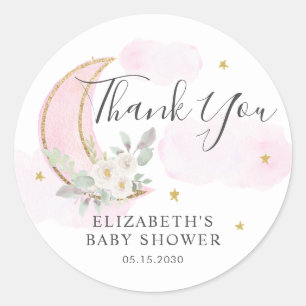 Sticker Rond Remerciement Fête Prénatale Fleur Rose Pleine Lune