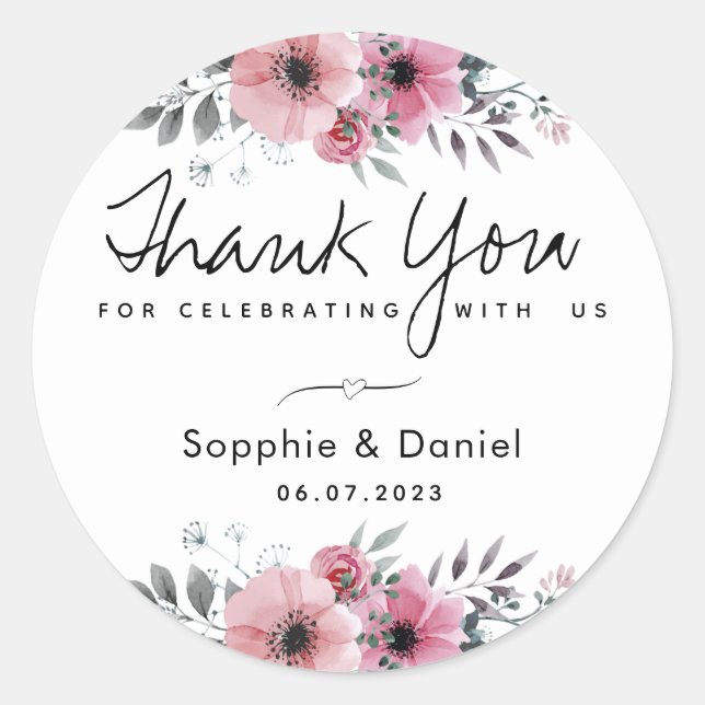 Sticker Rond Remerciement floral à l'aquarelle rose élégant (Devant)