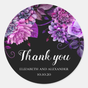 Sticker Rond Remerciement floral noir et violet. Fleurs de mari