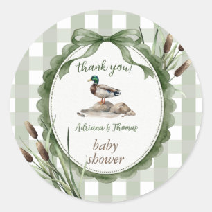 Sticker Rond Remerciement Gingham pour Baby Shower Canard