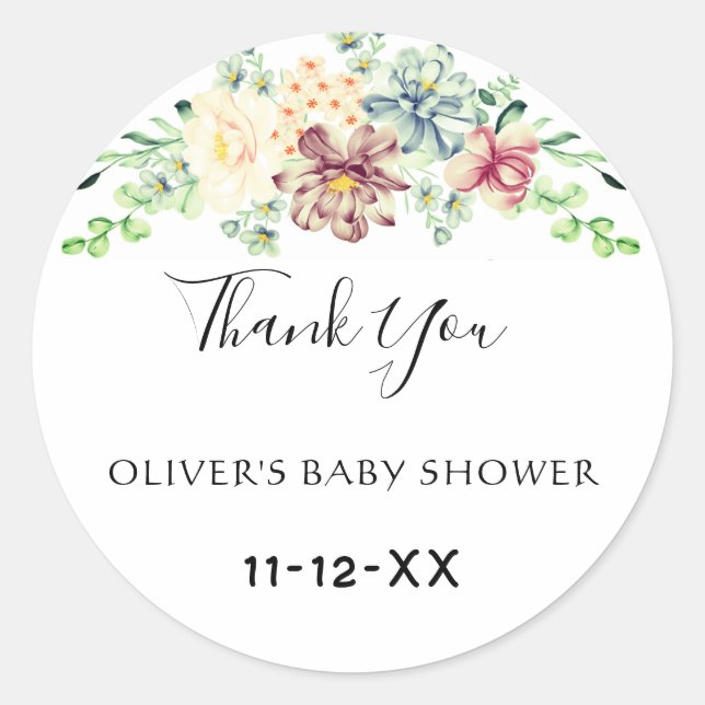 Sticker Rond Remerciement pour Baby Shower Dusty Rose Blue Flor (Devant)