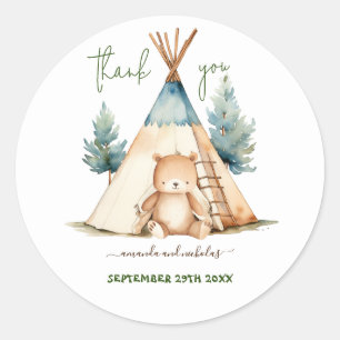 Sticker Rond Remerciement pour Baby Shower Ourson Thème Foresti