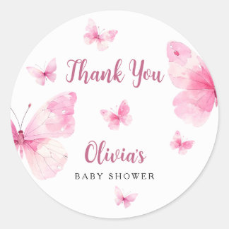 Sticker Rond Remerciement pour Baby Shower Papillon Rose