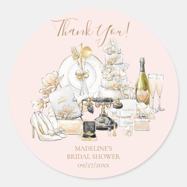 Sticker Rond Remerciement pour Baby Shower Rose et Or (Devant)