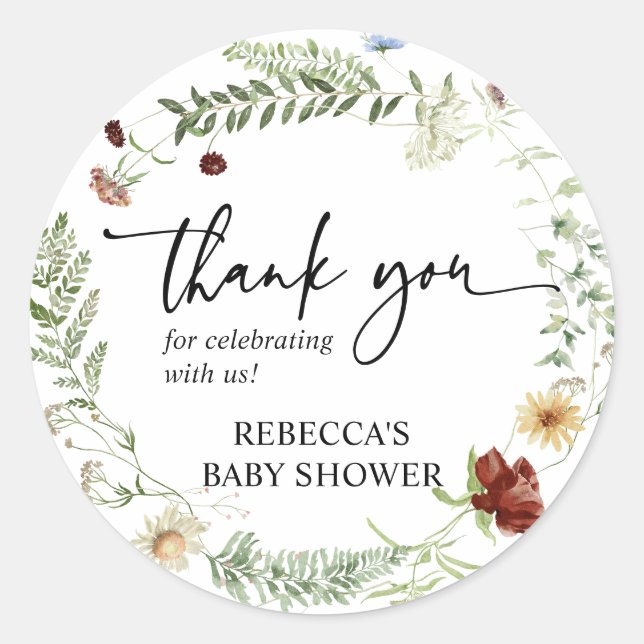 Sticker Rond Remerciement pour Baby Shower Simple Fleurs Sauvag (Devant)