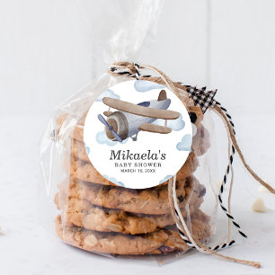 Sticker Rond Remerciement pour Baby Shower Vintage Avion Bleu