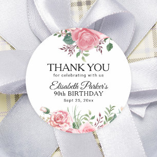 Sticker Rond Remerciement pour un 90e anniversaire de fleurs ro