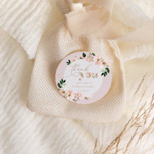 Sticker Rond Remerciement pour une baby shower fille fleurs ros