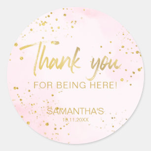 Sticker Rond Remerciement Sweet 16 Rose Pâle et Confettis Dorés