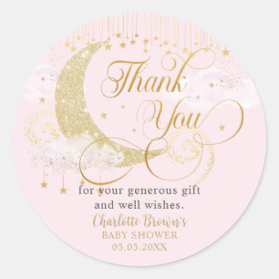 Sticker Rond Remerciements Baby Shower Rose Pastel Lune et Étoi