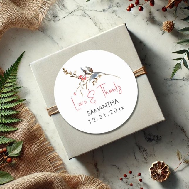 Sticker Rond Remerciements de Fête de Mariage à l'Aquarelle Rus (Fall and winter bridal shower favor stickers personalized rustic watercolor berries)