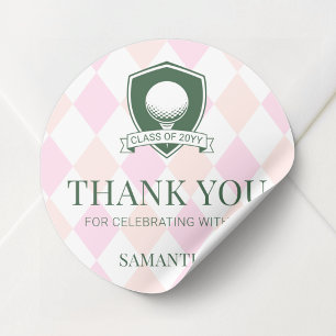 Sticker Rond Remerciements de fin d'études de golf rose et vert
