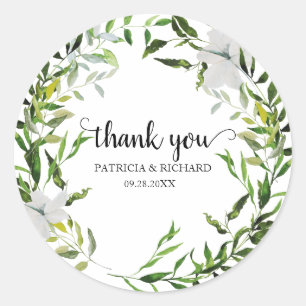 Sticker Rond Remerciements de mariage à la verdure élégante d'e