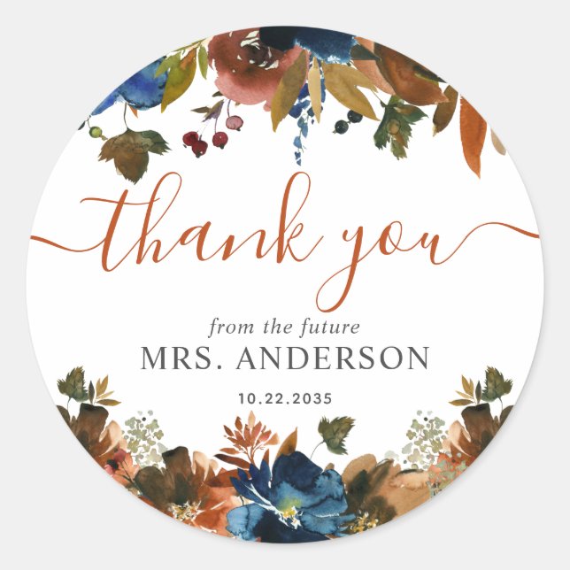 Sticker Rond Remerciements de Mariage Floral Bleu Marine Brun (Devant)