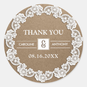 Sticker Rond Remerciements. Mariage papier blanc Lace Kraft