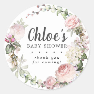 Sticker Rond Remerciements pour Baby Shower Fleurs Roses Rustiq