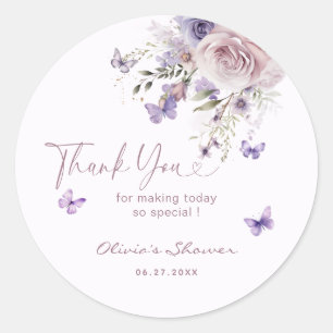 Sticker Rond Remerciements pour Baby Shower Papillon Mauve Viol