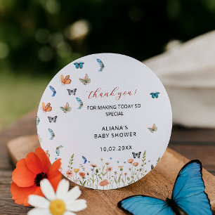 Sticker Rond Remerciements pour une Baby Shower Papillon Floral