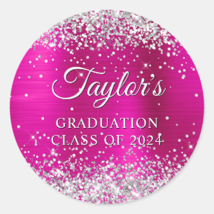 Sticker Rond Remise de diplôme paillettes argent rose chaud