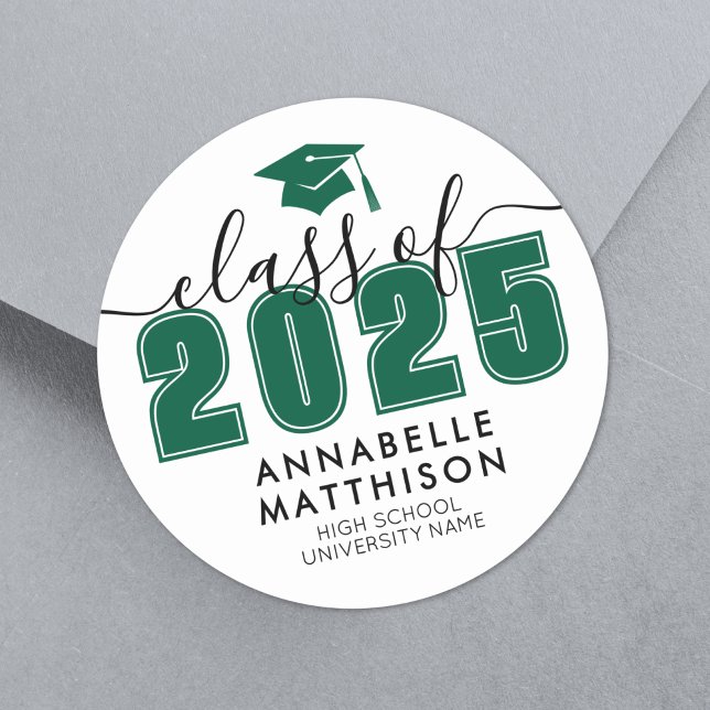 Sticker Rond Remise des diplômes aux étudiants de la promotion  (Graduate Class Of 2025 Green Graduation Classic Round Sticker)