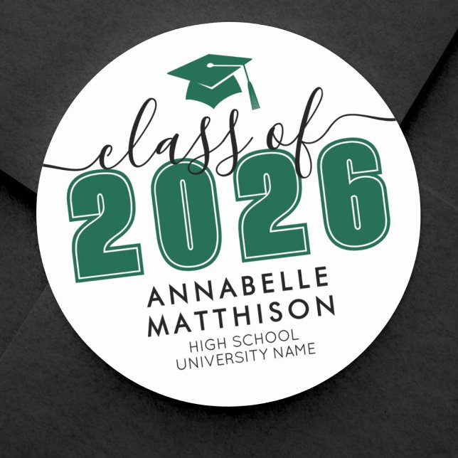 Sticker Rond Remise verte des diplômes (Graduate Class Of 2026 Green Graduation Classic Round Sticker)