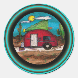 Sticker Rond Remorque de Noël avec arbre