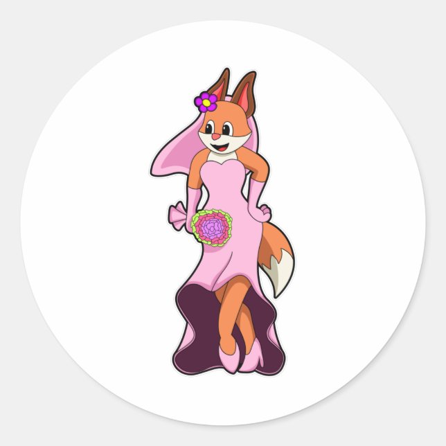 Sticker Rond Renard avec robe Mariage & Bund de Fleur (Devant)