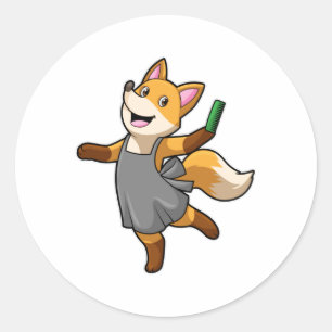 Sticker Rond Renard comme coiffeur avec ciseaux