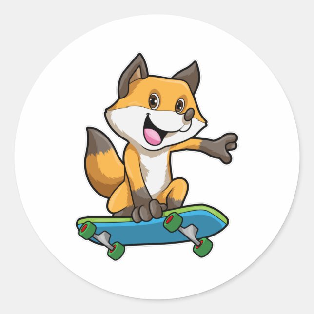 Sticker Rond Renard comme patineur avec skateboard (Devant)