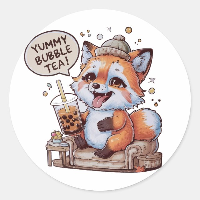 Sticker Rond Renard de dessin adorable : Cosy, Kawaii Vibes (Devant)