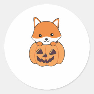 Sticker Rond Renard En Citrouille Foxes Doux Joyeux Halloween