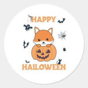 Sticker Rond Renard En Citrouille Foxes Doux Joyeux Halloween