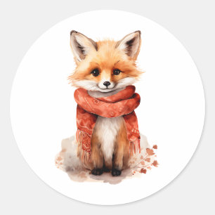 Sticker Rond Renard mignon en écharpe rouge