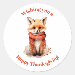 Sticker Rond Renard mignon en écharpe rouge pour Thanksgiving