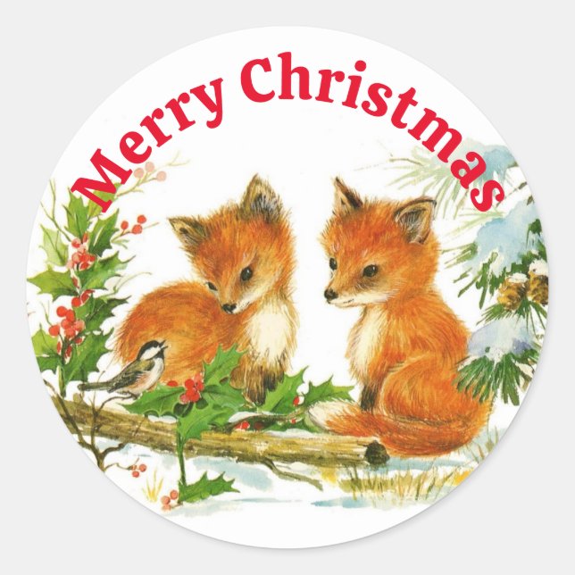 Sticker Rond Renard mignon et poulet à Noël de neige (Devant)