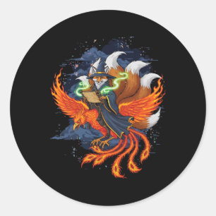Sticker Rond Renard montant le phénix anime ukiyo-e mythologie