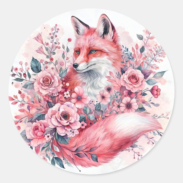 Sticker Rond Renard rose Floral Aquarelle Art (Devant)