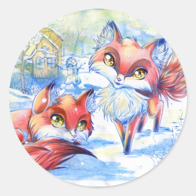 Sticker Rond Renards d'hiver (Devant)