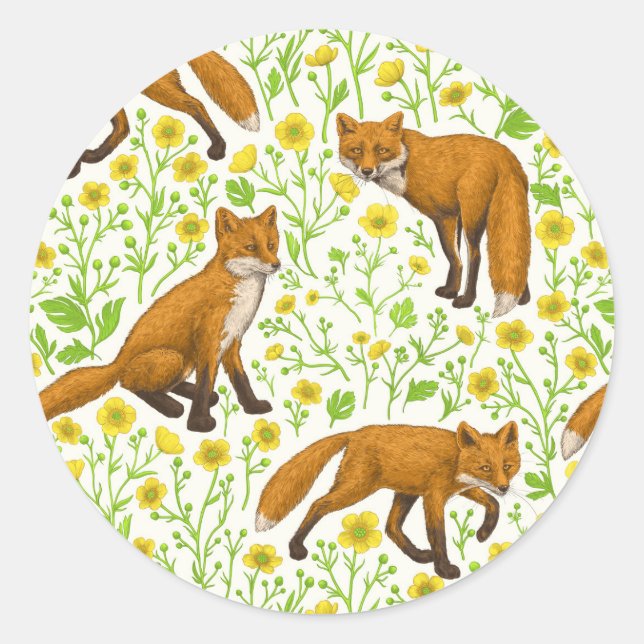 Sticker Rond Renards et papillons sur le blanc naturel (Devant)